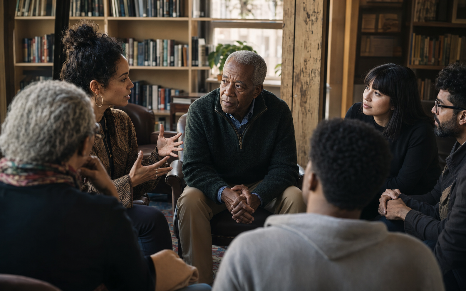 Adults from different generations gathered for an attentive conversation