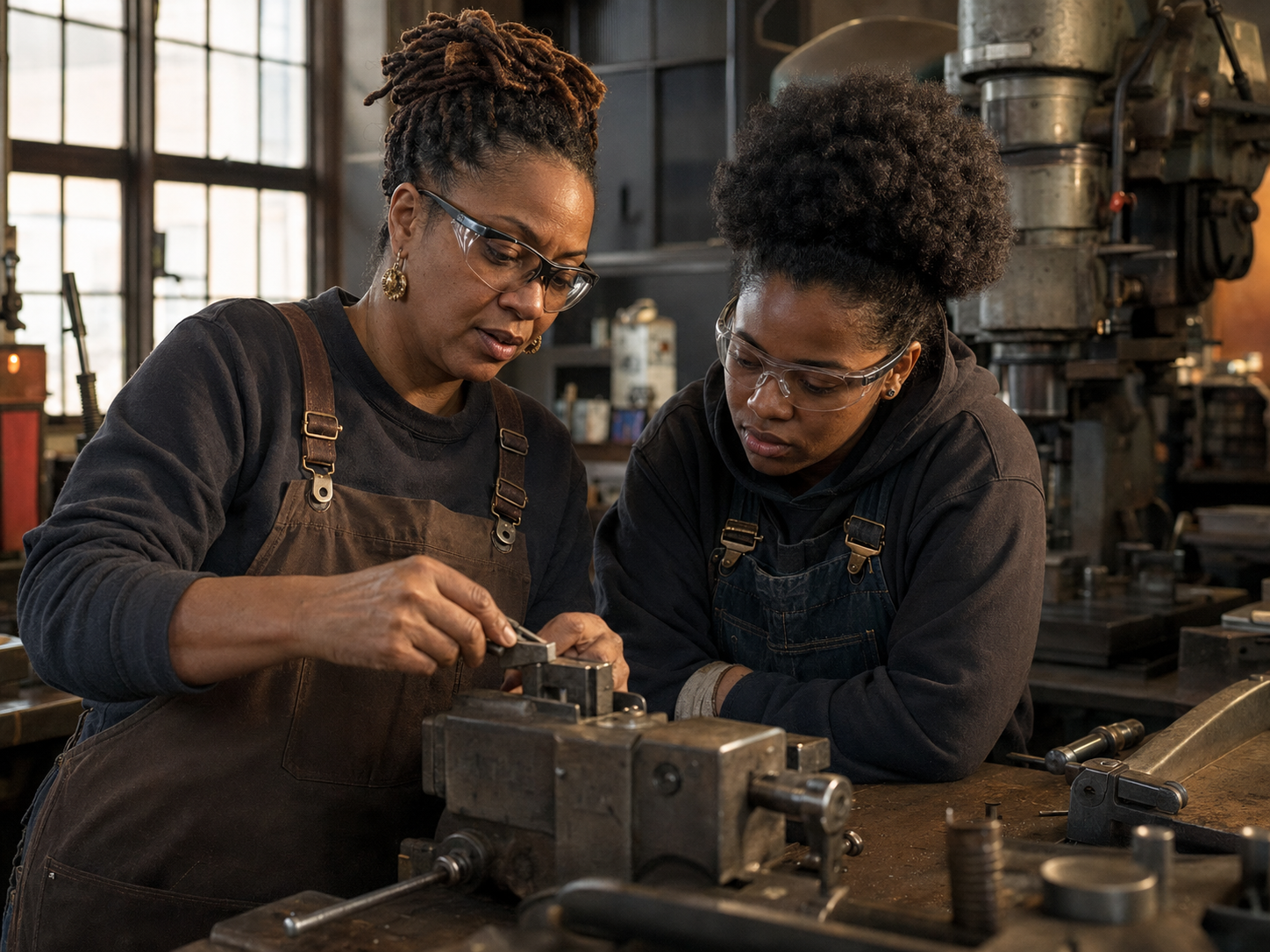 A tradeswoman mentoring an apprentice in a workshop