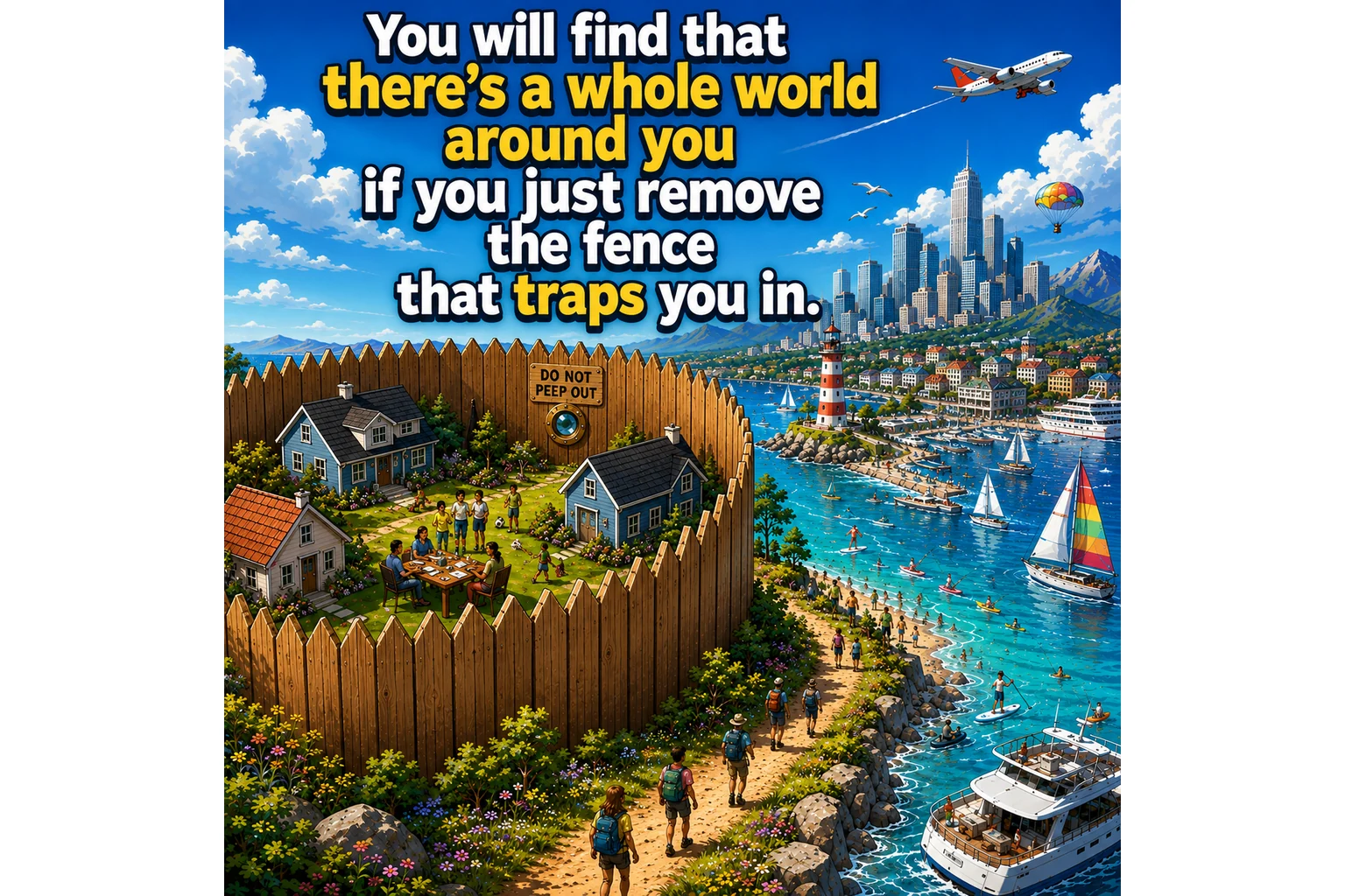Color editorial cartoon showing a small community enclosed by a tall wooden fence while a vibrant world of cities, mountains, beaches, boats, travel, and activity exists beyond it. A sign facing inward reads “DO NOT PEEP OUT,” symbolizing how self-imposed boundaries can prevent people from seeing the larger world around them.