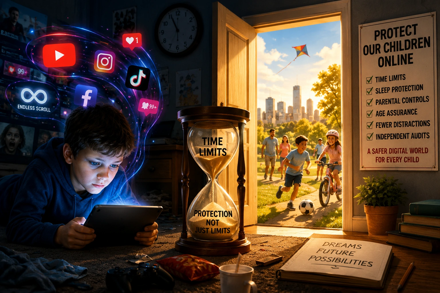 Editorial illustration showing a child absorbed in a glowing tablet surrounded by social-media notifications and endless-scroll imagery, contrasted with children playing outside in daylight. An hourglass represents screen-time limits while a child-safety notice highlights parental controls, sleep protection and online safeguards.