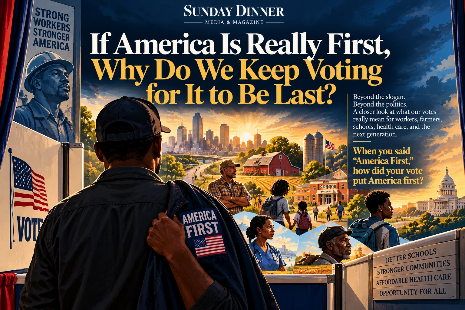 Editorial illustration of a Black voter entering a voting booth while holding a jacket marked “America First.” Beyond the booth are American workers, farmers, families, a nurse, a school, farmland, a city skyline, and the U.S. Capitol, beneath the headline asking why America keeps voting for itself to be last.