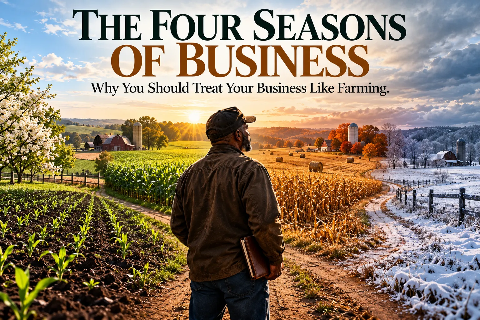 Editorial image of a farmer standing on a path overlooking the same farm across spring, summer, autumn, and winter, representing the different seasons of business growth, patience, harvest, and preparation.