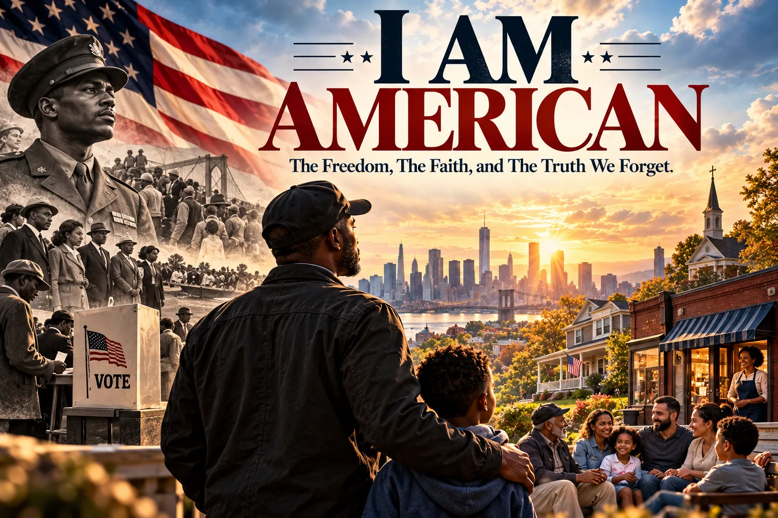 Editorial illustration of a Black father and child looking across an American landscape that blends historic Black military service, voting rights, community life, faith, family, small business, and a modern city beneath a large American flag and the words “I Am American.”