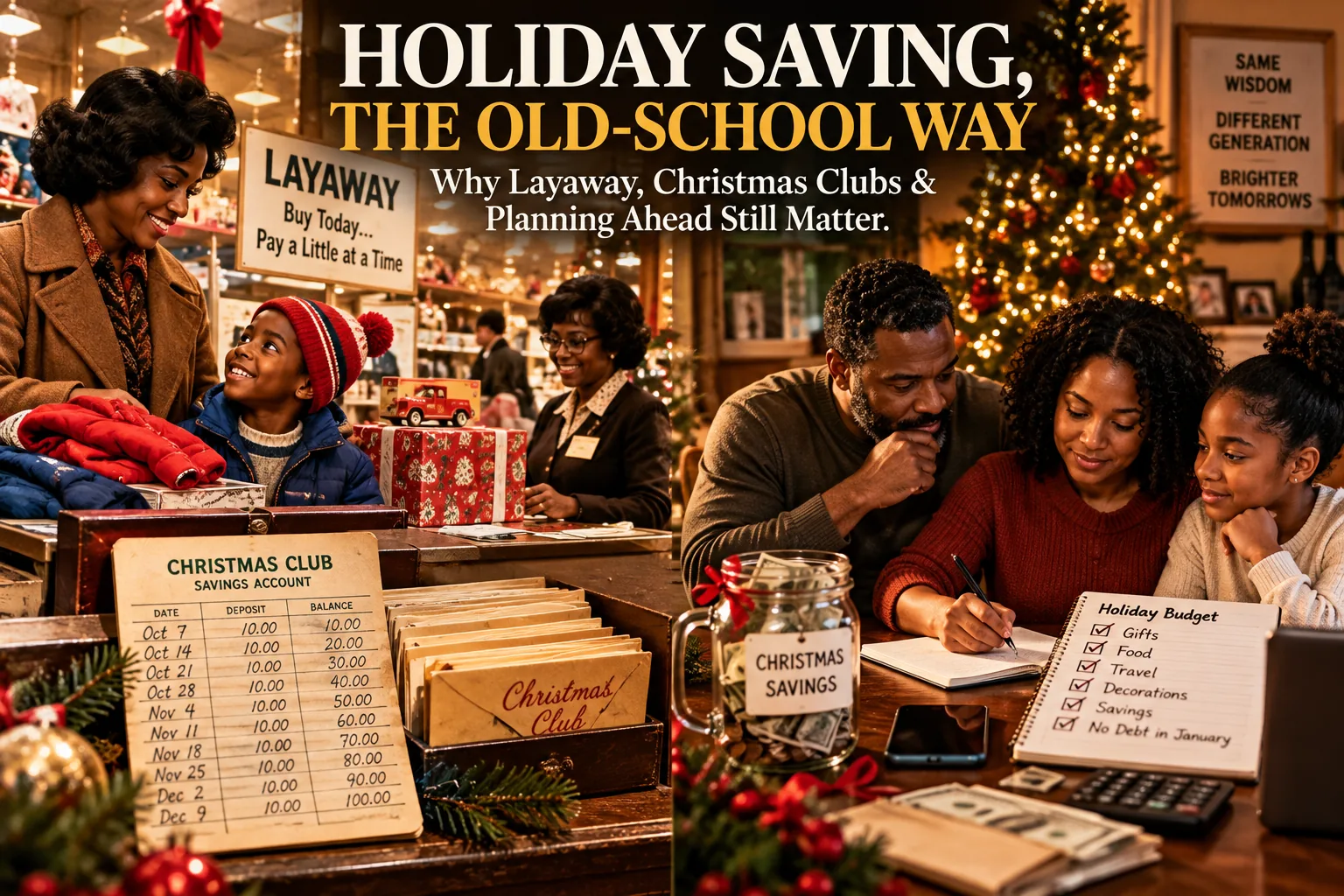 A Sunday Dinner Media editorial illustration connecting two generations of holiday planning. On one side, a family uses traditional layaway and a Christmas Club savings account; on the other, a modern family sits together building a holiday budget. The changing setting illustrates how the tools may change while the underlying lessons of planning, saving, and avoiding unnecessary debt remain relevant.