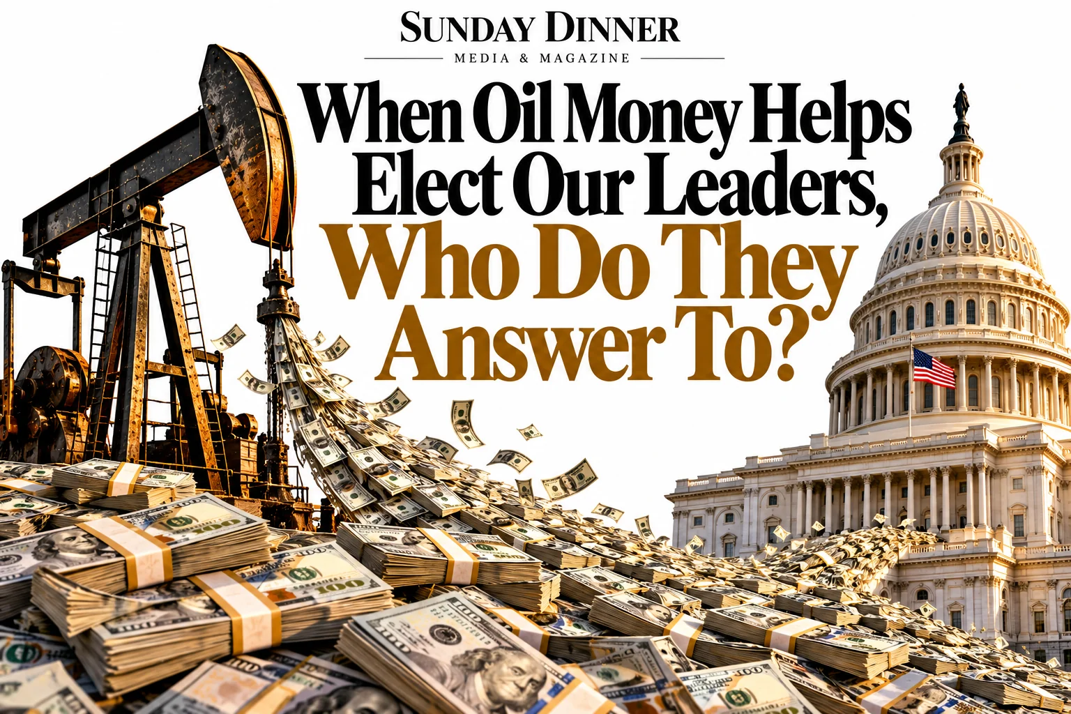 Editorial illustration showing an oil pumpjack on the left and the U.S. Capitol on the right, connected by flowing stacks of money beneath the headline “When Oil Money Helps Elect Our Leaders, Who Do They Answer To?”